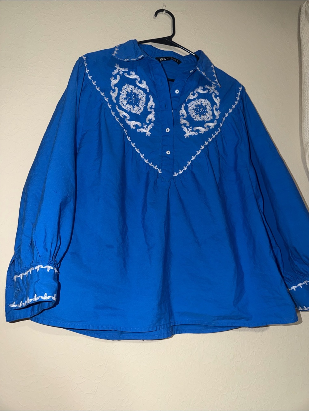 Zara Royal Blue Blouse with White Embroidery - Picture 3 of 5
